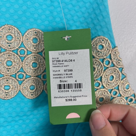 New Lilly Pulitzer Annabelle SHIFT DRESS Shorely Blue Gold Lace Stripe size 4 - Picture 4 of 6
